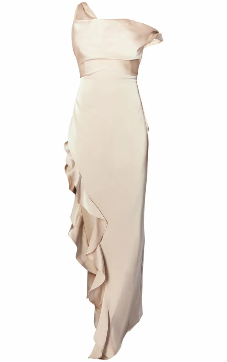Satin Bardot Frill Hem Maxi Dress-PrettyLittleThing New