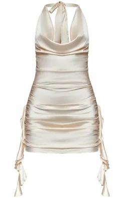 Satin Cowl Frill Detail Halterneck Bodycon Dress-PrettyLittleThing Online
