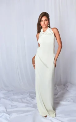 Satin High Neck Open Back Maxi Dress-PrettyLittleThing Online