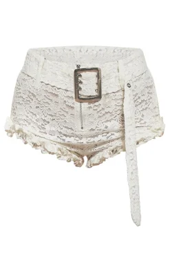 Best PrettyLittleThing Sheer Broderie Lace Belted Hot Pants Cream