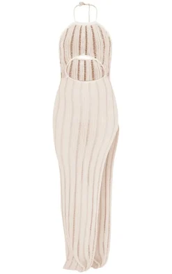 Sheer Knit Cut Out Halterneck Maxi Dress-PrettyLittleThing Outlet