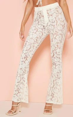 New PrettyLittleThing Sheer Lace Skinny Flared Pants Cream