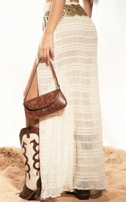 Clearance PrettyLittleThing Sheer Shirred Split Maxi Skirt Cream