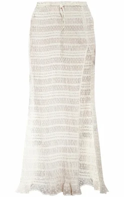 Clearance PrettyLittleThing Sheer Shirred Split Maxi Skirt Cream