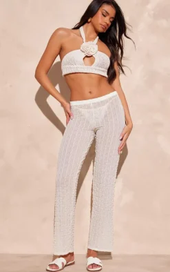 Cream Sheer Textured Jersey Straight Leg Pants
