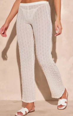 Cream Sheer Textured Jersey Straight Leg Pants