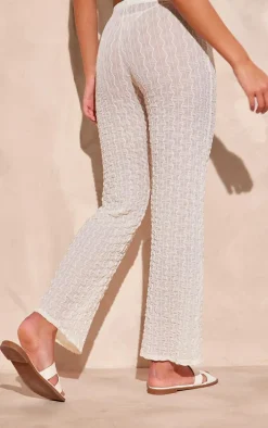 Cream Sheer Textured Jersey Straight Leg Pants