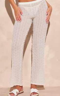 Cream Sheer Textured Jersey Straight Leg Pants