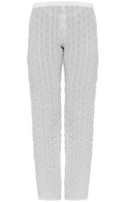 Cream Sheer Textured Jersey Straight Leg Pants