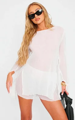 Sale PrettyLittleThing Sheer Textured Longline Top Cream