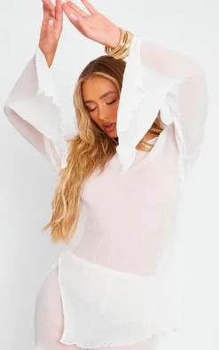 Sale PrettyLittleThing Sheer Textured Longline Top Cream
