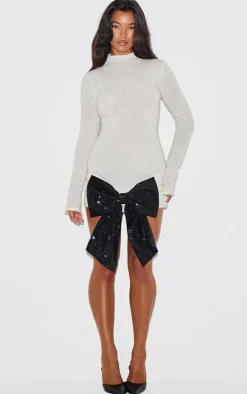 PrettyLittleThing Christmas Party Outfits*Sheer Tinsel Knit Contrast Bow Detail Sweater Dress