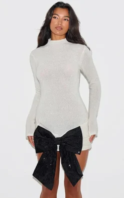 PrettyLittleThing Christmas Party Outfits*Sheer Tinsel Knit Contrast Bow Detail Sweater Dress