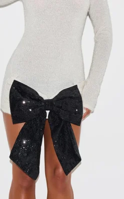 PrettyLittleThing Christmas Party Outfits*Sheer Tinsel Knit Contrast Bow Detail Sweater Dress