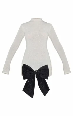 PrettyLittleThing Christmas Party Outfits*Sheer Tinsel Knit Contrast Bow Detail Sweater Dress