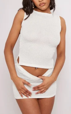 Discount PrettyLittleThing Sheer Waffle Split Hem Sleeveless Top Cream