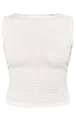 Discount PrettyLittleThing Sheer Waffle Split Hem Sleeveless Top Cream
