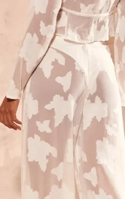 PrettyLittleThing Sheer Woven Floral Devore Wide Leg Pants Cream