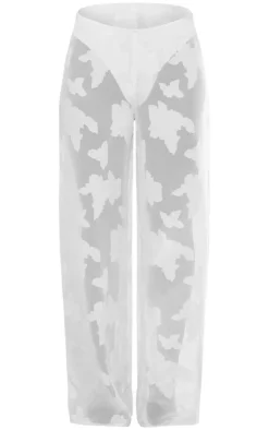 PrettyLittleThing Sheer Woven Floral Devore Wide Leg Pants Cream