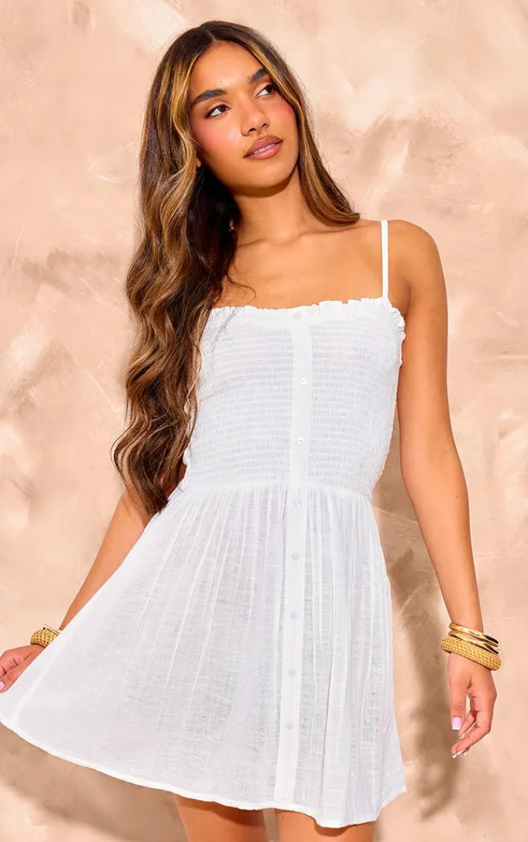 Shirred Button Up Strappy Shift Dress-PrettyLittleThing