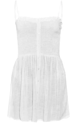 Shirred Button Up Strappy Shift Dress-PrettyLittleThing