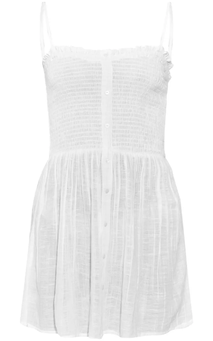 Shirred Button Up Strappy Shift Dress-PrettyLittleThing