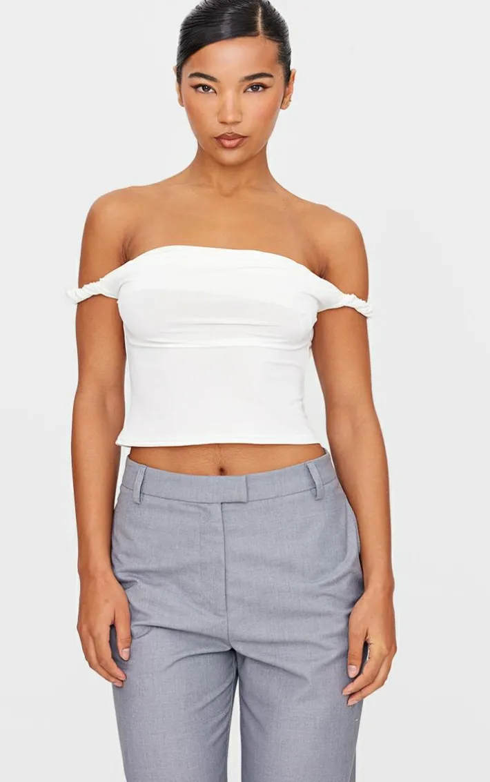 Cream Slinky Twist Detail Bardot Crop Top