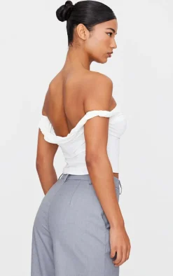 Cream Slinky Twist Detail Bardot Crop Top