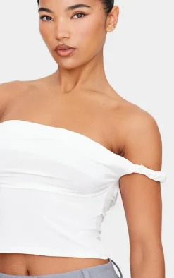 Cream Slinky Twist Detail Bardot Crop Top