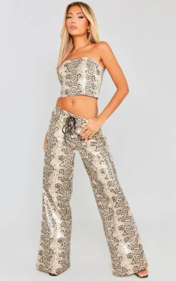 New PrettyLittleThing Snake Faux Leather Tie Front Wide Leg Pants Cream