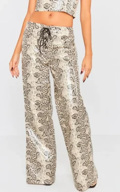 New PrettyLittleThing Snake Faux Leather Tie Front Wide Leg Pants Cream