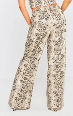 New PrettyLittleThing Snake Faux Leather Tie Front Wide Leg Pants Cream