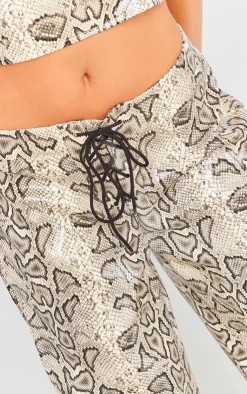New PrettyLittleThing Snake Faux Leather Tie Front Wide Leg Pants Cream