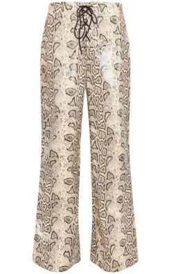 New PrettyLittleThing Snake Faux Leather Tie Front Wide Leg Pants Cream