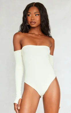 Cream Snatched Rib Bardot Thumbhole Bodysuit