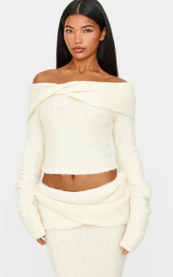 Discount PrettyLittleThing Soft Bobble Knit Bardot Foldover Top Cream