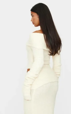Discount PrettyLittleThing Soft Bobble Knit Bardot Foldover Top Cream