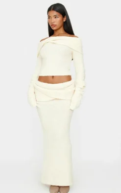 Discount PrettyLittleThing Soft Bobble Knit Bardot Foldover Top Cream
