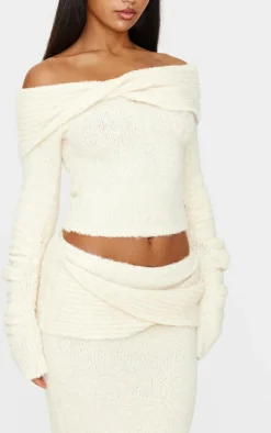 Discount PrettyLittleThing Soft Bobble Knit Bardot Foldover Top Cream