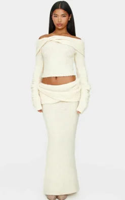 Online PrettyLittleThing Soft Bobble Knit Foldover Maxi Skirt Cream