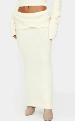 Online PrettyLittleThing Soft Bobble Knit Foldover Maxi Skirt Cream