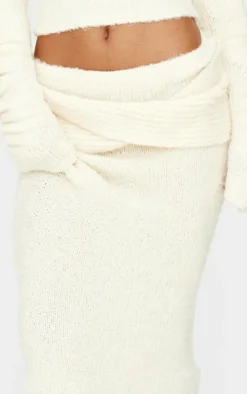 Online PrettyLittleThing Soft Bobble Knit Foldover Maxi Skirt Cream