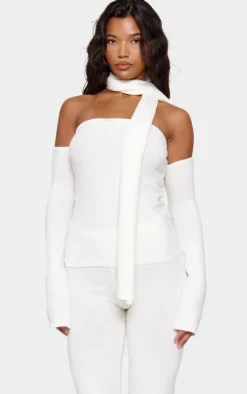 Hot PrettyLittleThing Soft Knit Cold Shoulder Top And Scarf Detail Cream
