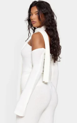 Hot PrettyLittleThing Soft Knit Cold Shoulder Top And Scarf Detail Cream