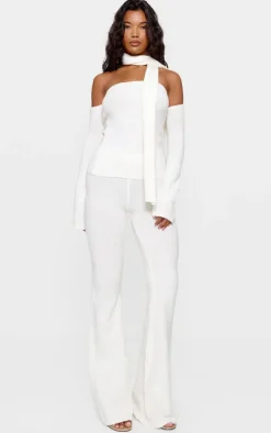Hot PrettyLittleThing Soft Knit Cold Shoulder Top And Scarf Detail Cream