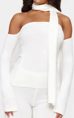 Hot PrettyLittleThing Soft Knit Cold Shoulder Top And Scarf Detail Cream