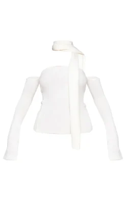 Hot PrettyLittleThing Soft Knit Cold Shoulder Top And Scarf Detail Cream
