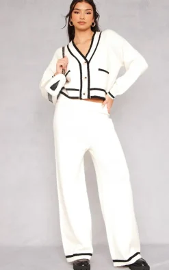 PrettyLittleThing Knitted Two Piece Sets*Soft Knit Contrast Stripe Detail Wide Leg Pants