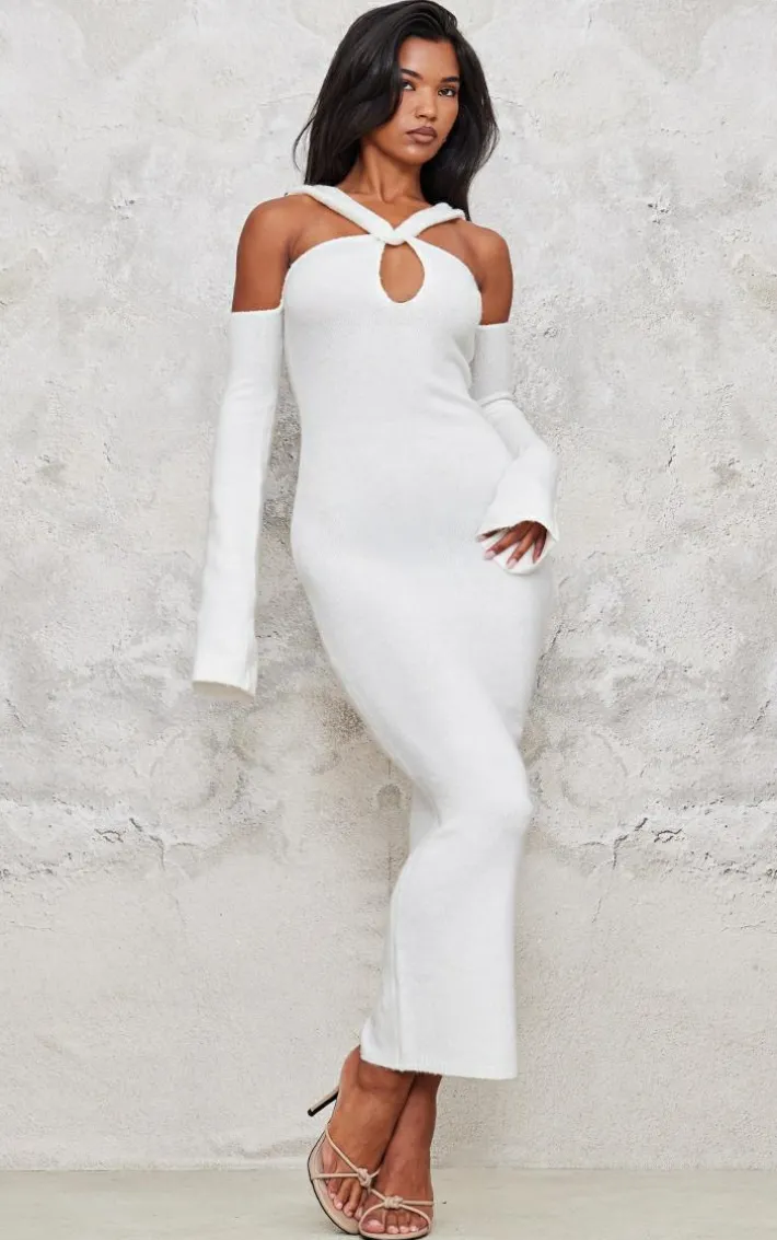 Cream Soft Knit Strappy Cut Out Maxi Dress