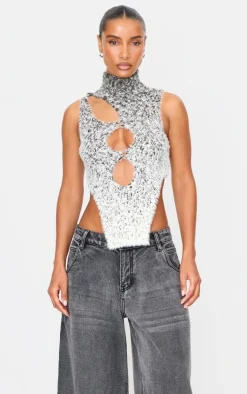 Best PrettyLittleThing Soft Marl Knit O Ring High Neck Crop Top Cream